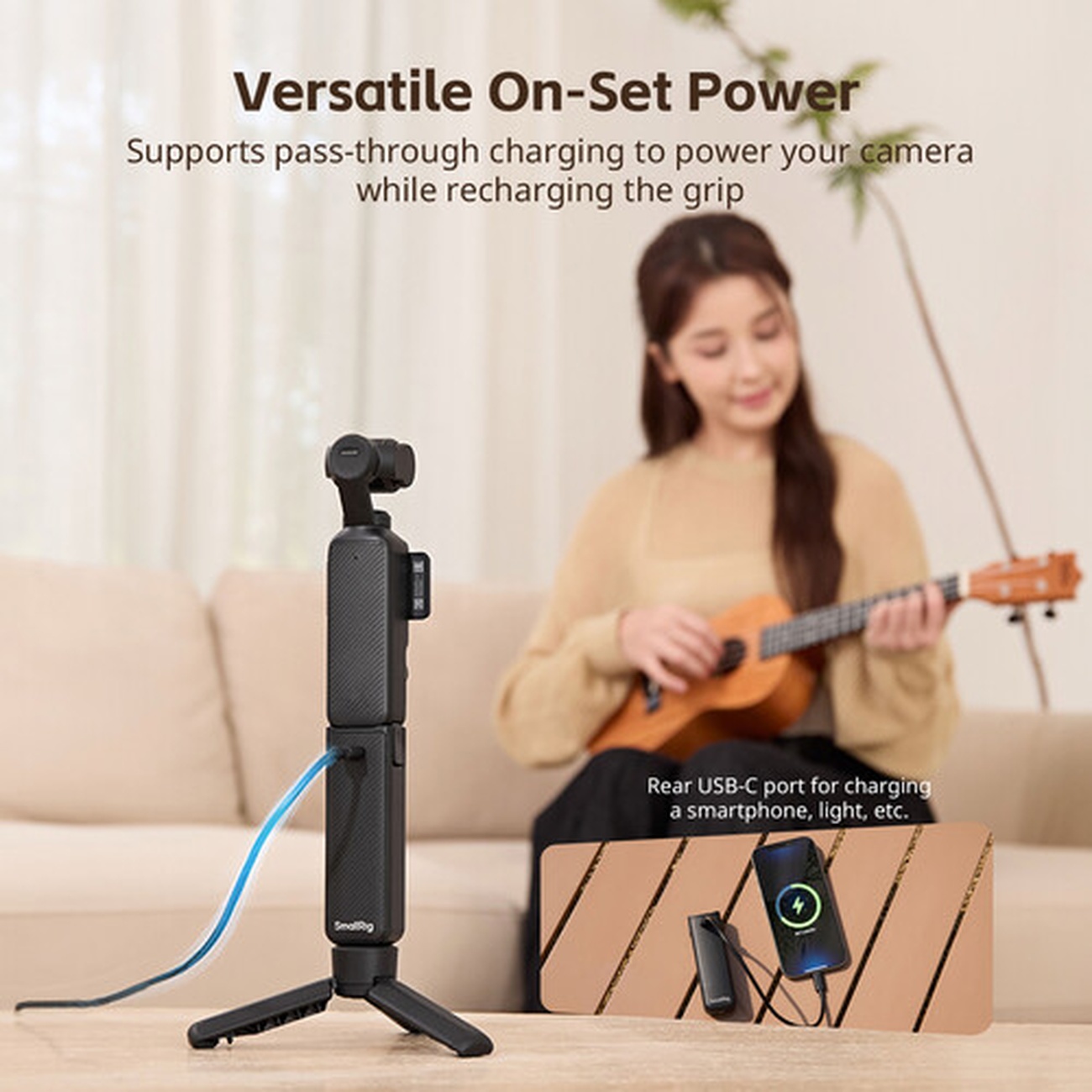 عکس در حال استفاده از پاوربانک گریپ اسمال ریگ مناسب برای گیمبال اسمو پاکت SmallRig Power Bank Grip f