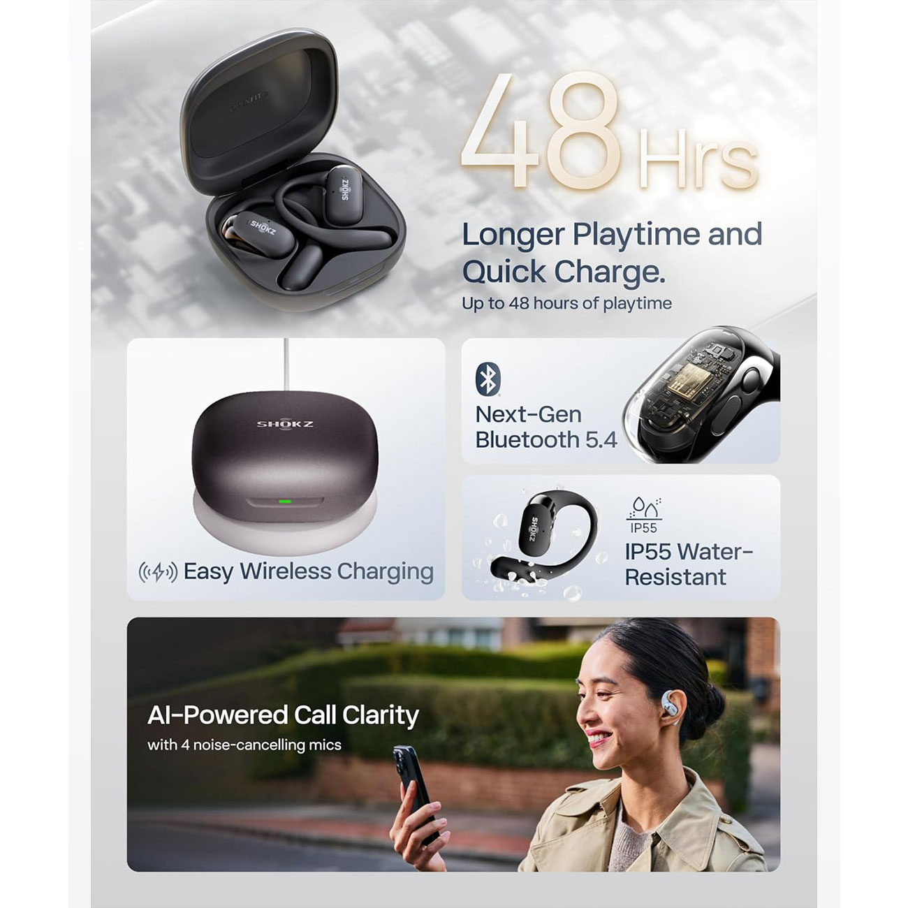 نمای توضیحات هدفون بی سیم شوکز SHOKZ OpenFit 2+ Open-Ear True Wireless Earbuds