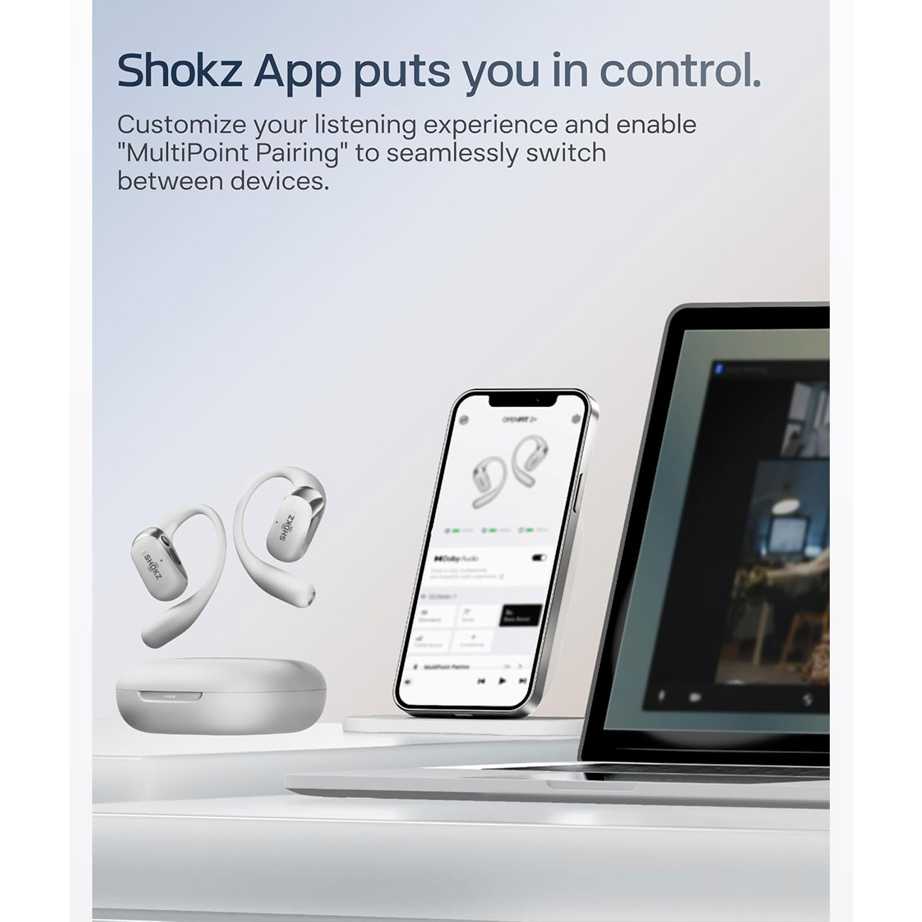 نمای کاربردی از هندزفری بلوتوثی شوکز SHOKZ OpenFit 2+ Open-Ear True Wireless Earbuds