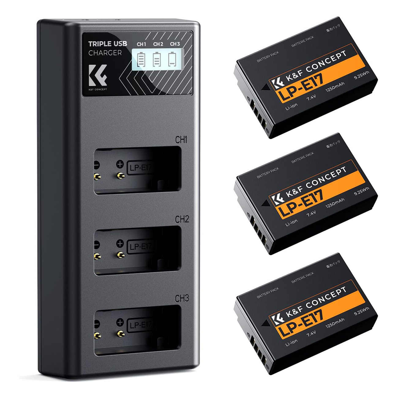 نمای اصلی پک باتری قابل شارژ دوربین کی اند اف K&F Concept 3-Pack LP-E17 Battery + Upgraded 3-Slot LC