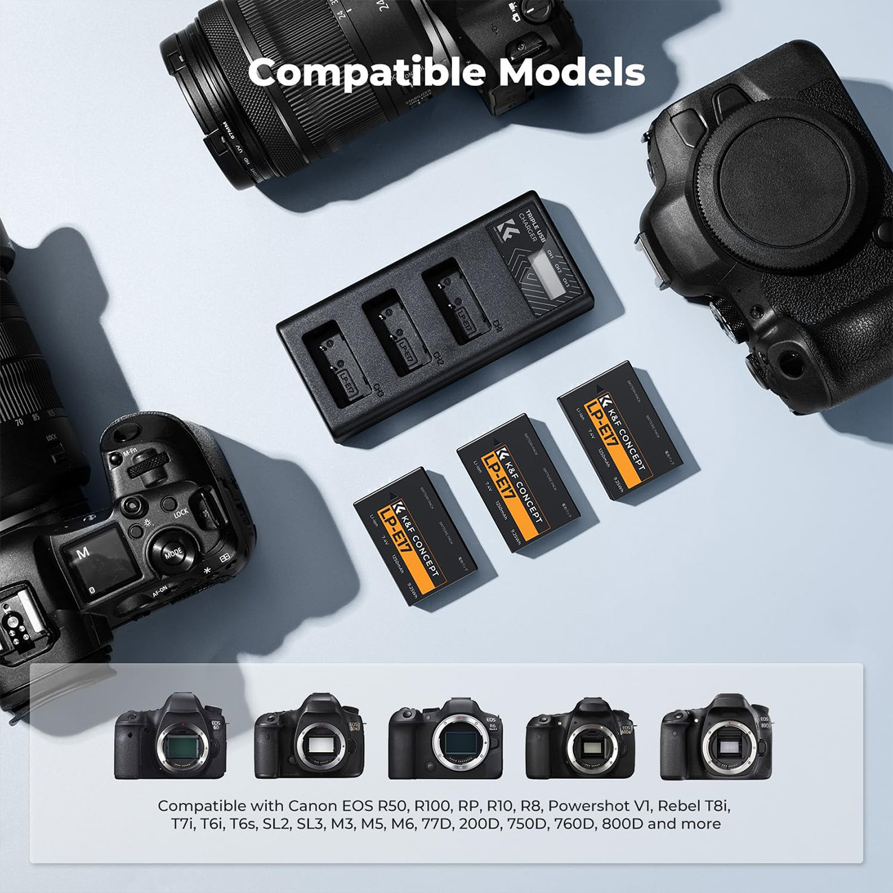 باتری دوربین های قابل شارژ دوربین کی اند اف K&F Concept 3-Pack LP-E17 Battery + Upgraded 3-Slot LCD 