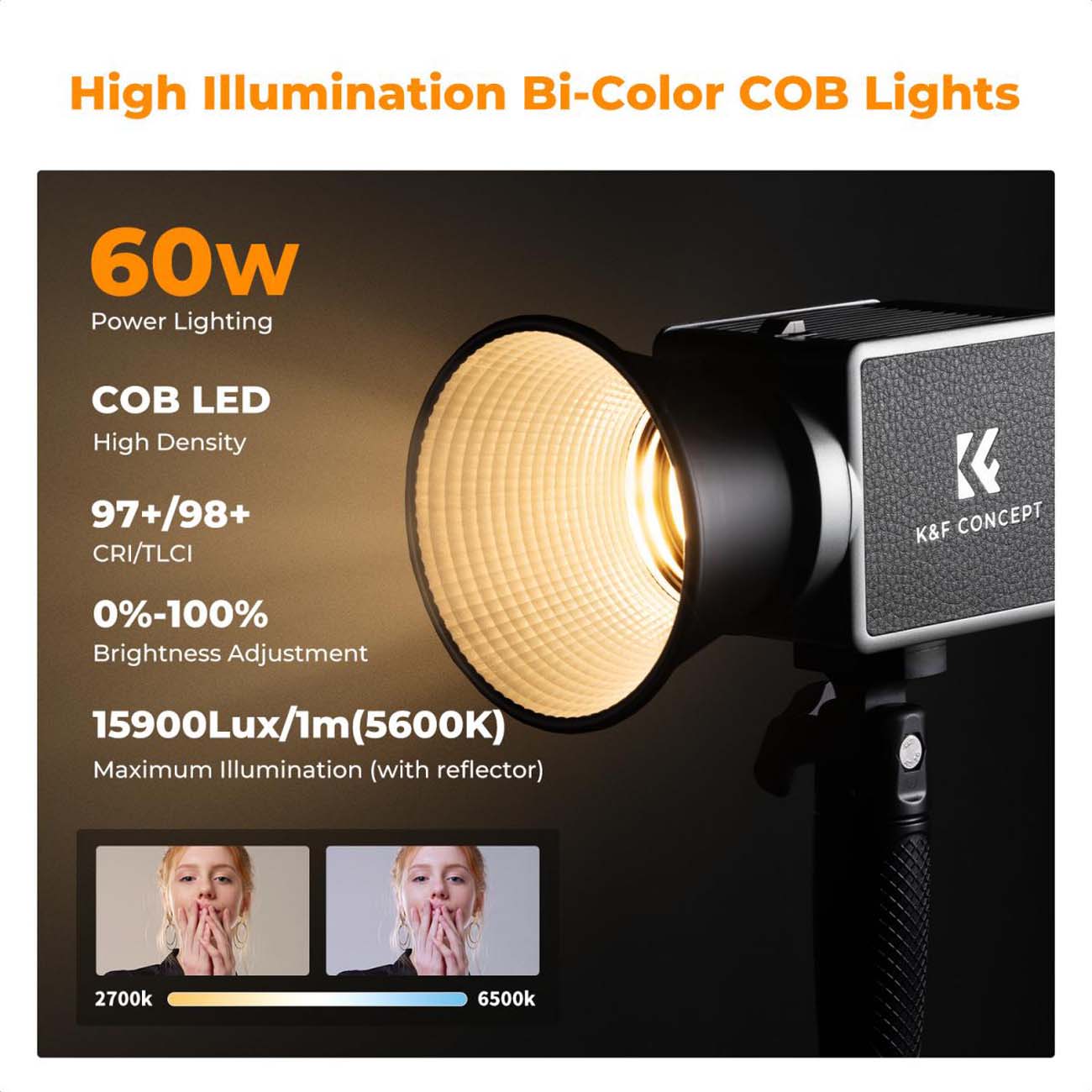 نمای توضیحات نور ثابت ال ای دی K&F Concept PL-60B 60W Bi-Color COB Video Light