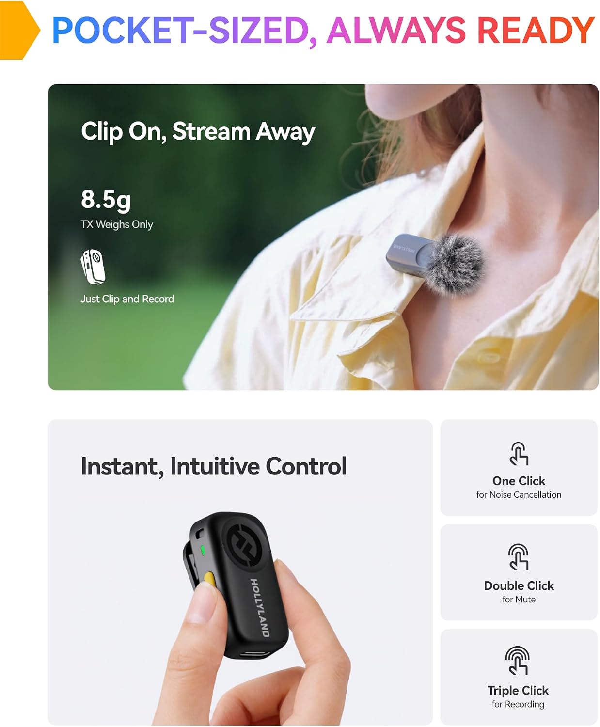 میکروفن بی‌سیم یقه‌ای هالی‌لند Hollyland MOMA LARK A2 Wireless Lavalier Microphone