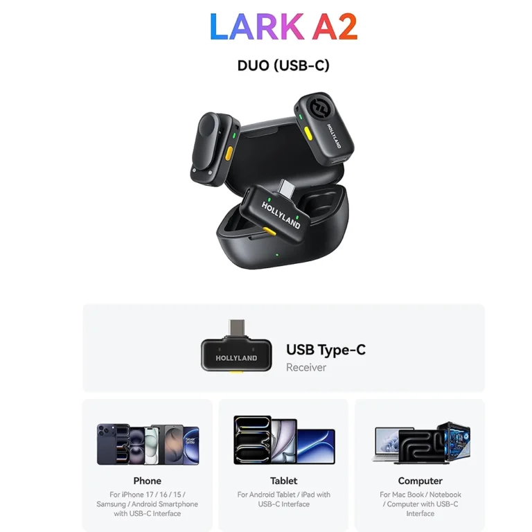 میکروفن بی‌سیم یقه‌ای هالی‌لند Hollyland MOMA LARK A2 Wireless Lavalier Microphone