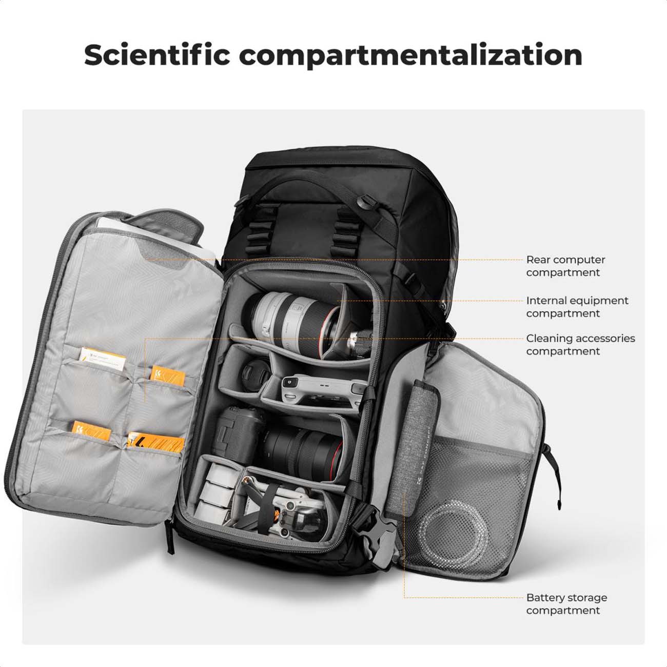 نمای داخلی از کوله پشتی دوربین کی‌اند‌اف مشکی K&F Concept 40L Professional Adventure Camera Backpack