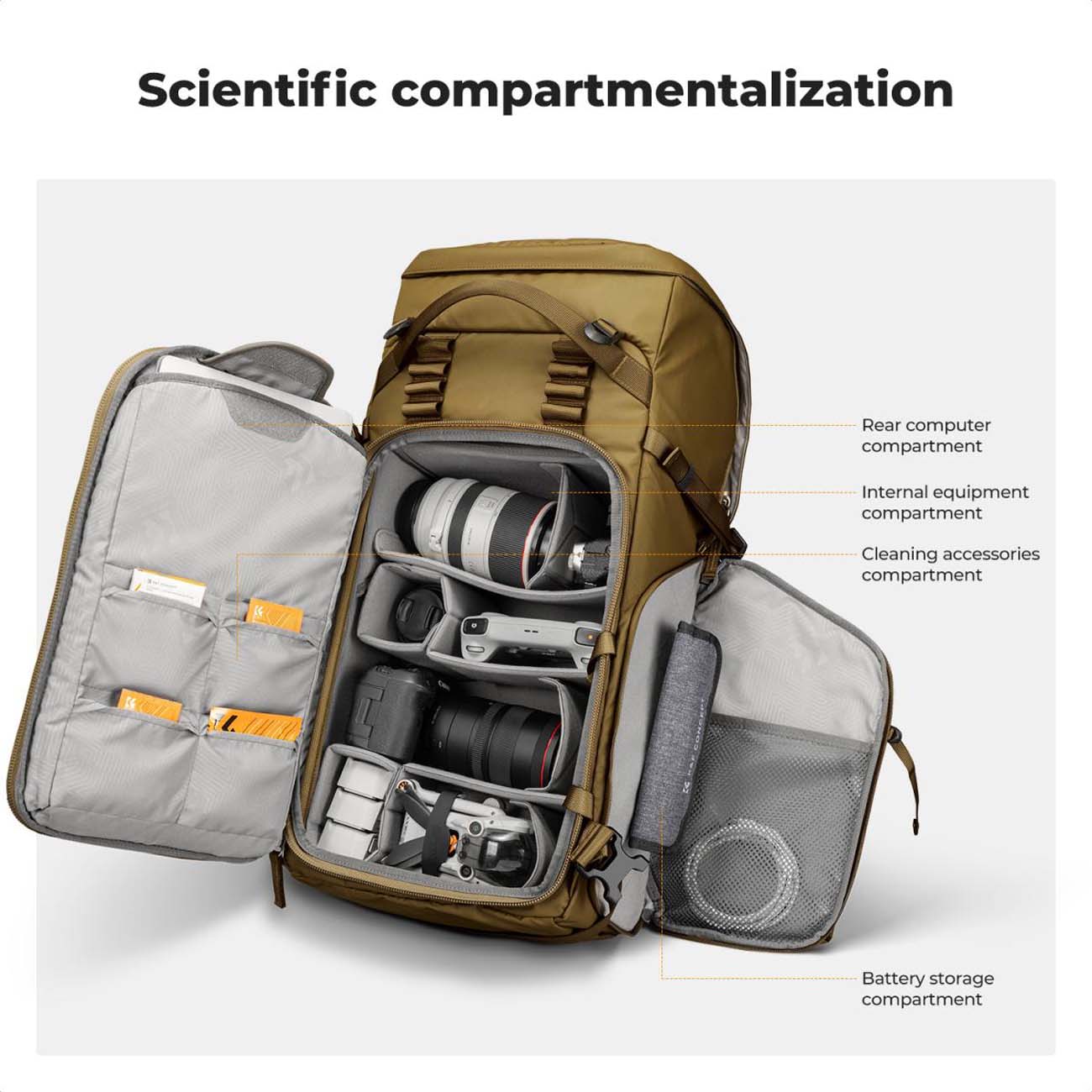 نمای داخلی کوله پشتی دوربین کی‌اند‌اف قهوه ای K&F Concept 40L Professional Adventure Camera Backpack