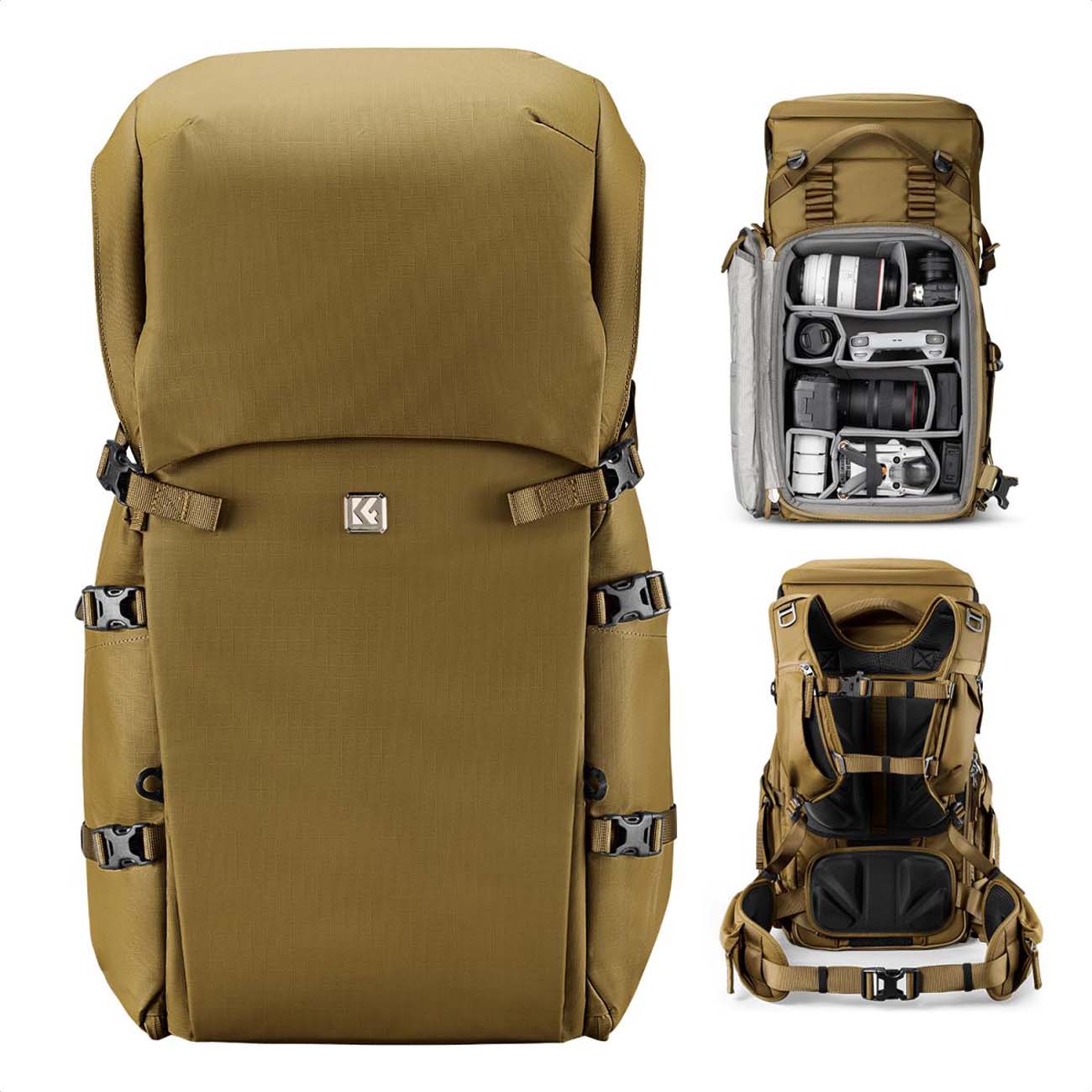 نمای روبه رو کوله پشتی دوربین کی‌اند‌اف قهوه ای K&F Concept 40L Professional Adventure Camera Backpa