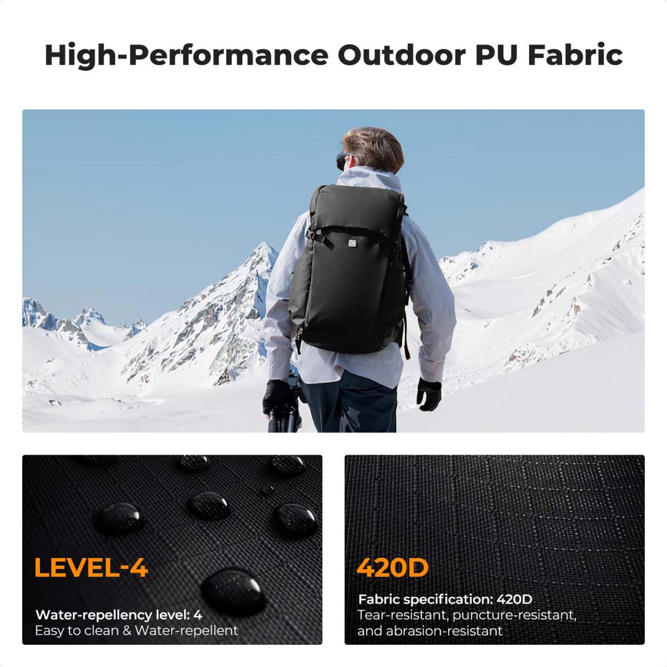 نمای کاربردی از کوله پشتی دوربین کی‌اند‌اف مشکی  K&F Concept 40L Professional Adventure Camera Backp