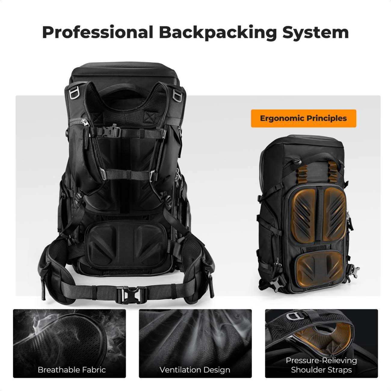 نمای جزییات کوله پشتی دوربین کی‌اند‌اف مشکی K&F Concept 40L Professional Adventure Camera Backpack
