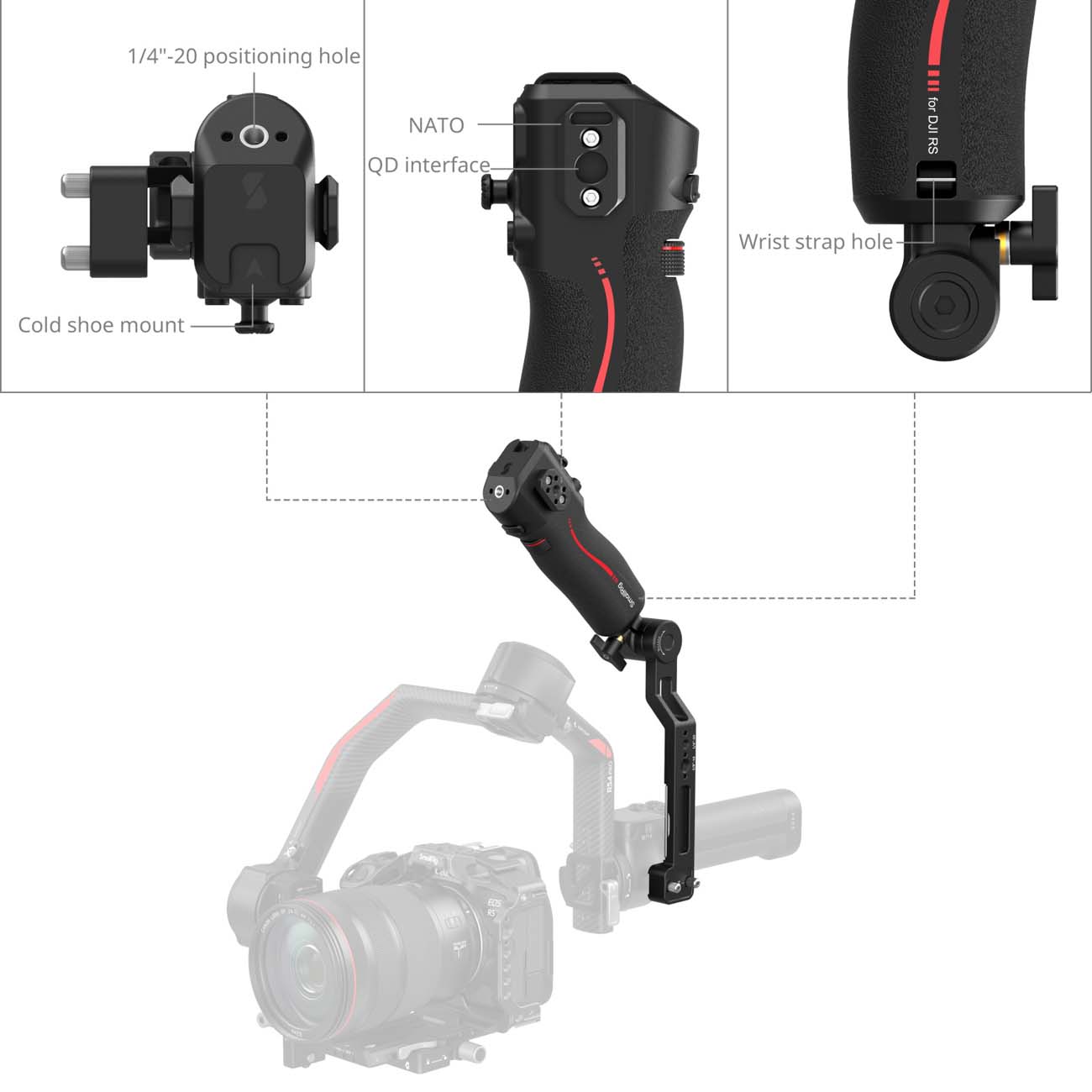نمای کاربردی از دسته کنترل فوکوس SmallRig Focus Control Sling Handle for DJI RS Series