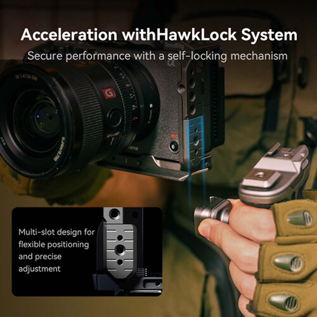 نمای کاربردی از کیت کیج پیشرفته اسمال ریگ SmallRig HawkLock Quick Release Advanced Cage Kit for Sony