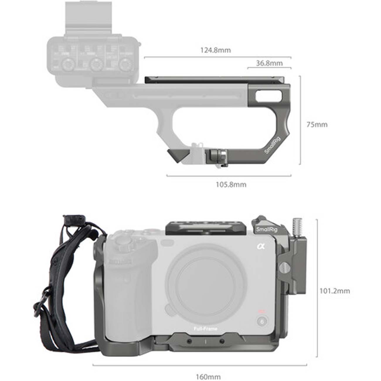 نمای ابعاد کیت کیج پیشرفته اسمال ریگ SmallRig HawkLock Quick Release Advanced Cage Kit for Sony FX3 