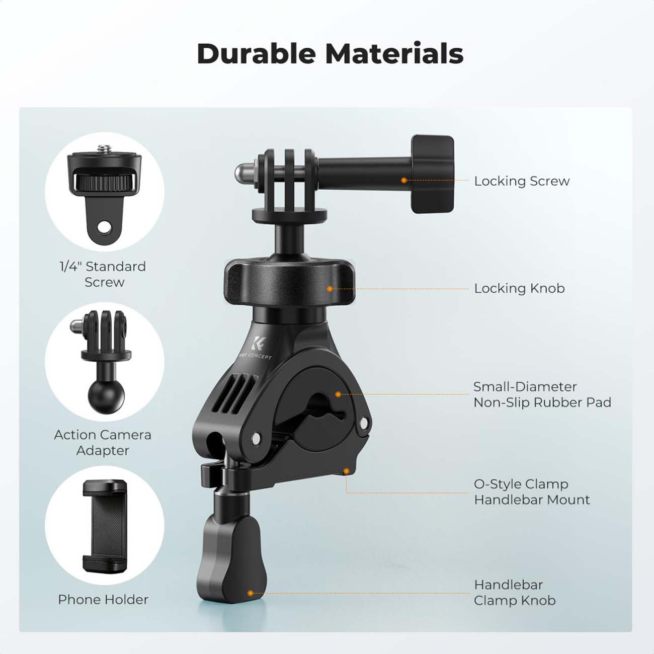 نمای توضیحات پایه دوربین اکشن K&F Concept KF31.205 Motorcycle Handlebar Camera Mount with 360° Ball 