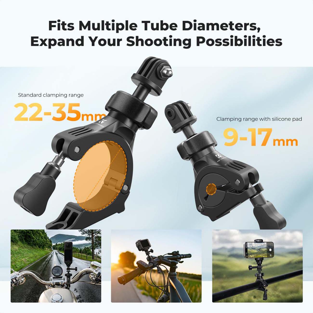 نمای توضیحات پایه نگهدارنده دوربین اکشن K&F Concept KF31.205 Motorcycle Handlebar Camera Mount with 