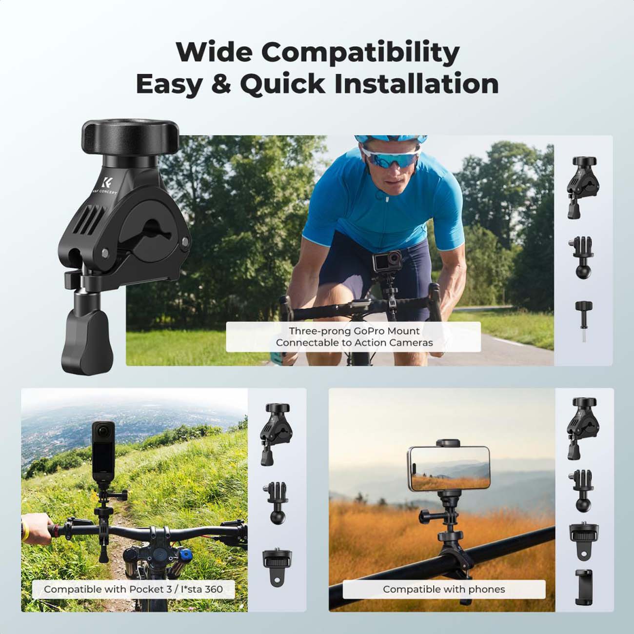 نمای کاربردی پایه نگهدارنده دوربین اکشن K&F Concept KF31.205 Motorcycle Handlebar Camera Mount with 