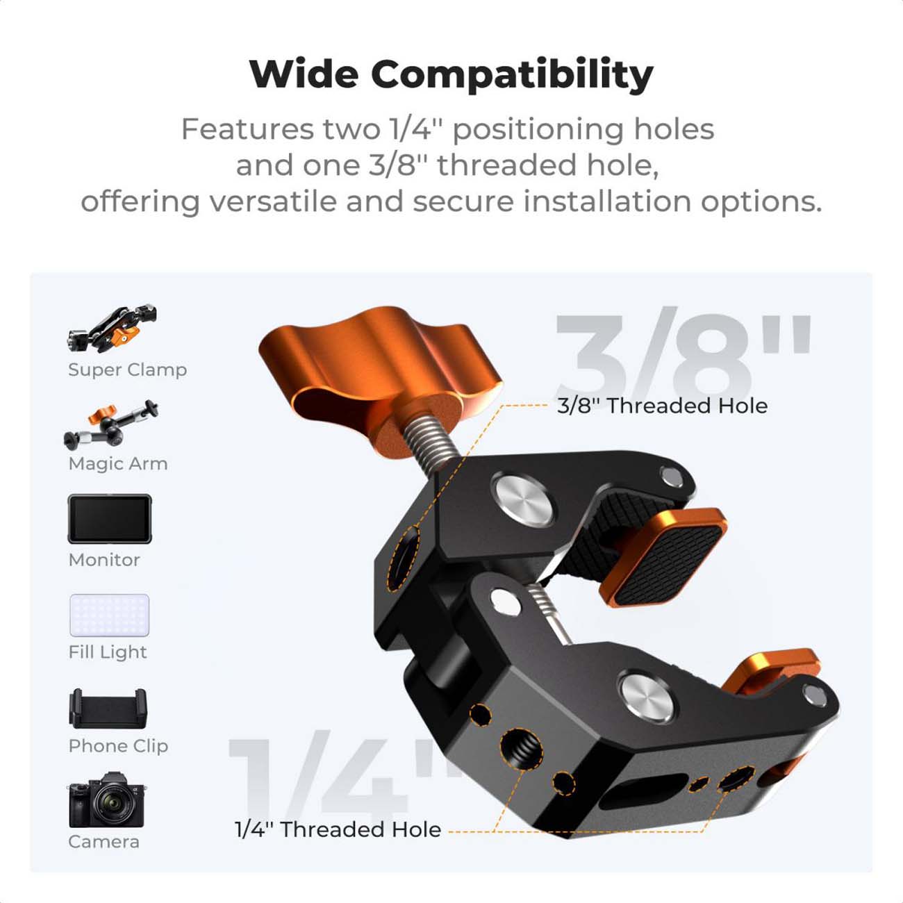 نمای توضیحات گیره دوربین K&F Concept KF31.218 Camera Mount Clamp Super Crab Clamp Rotatable Clamping