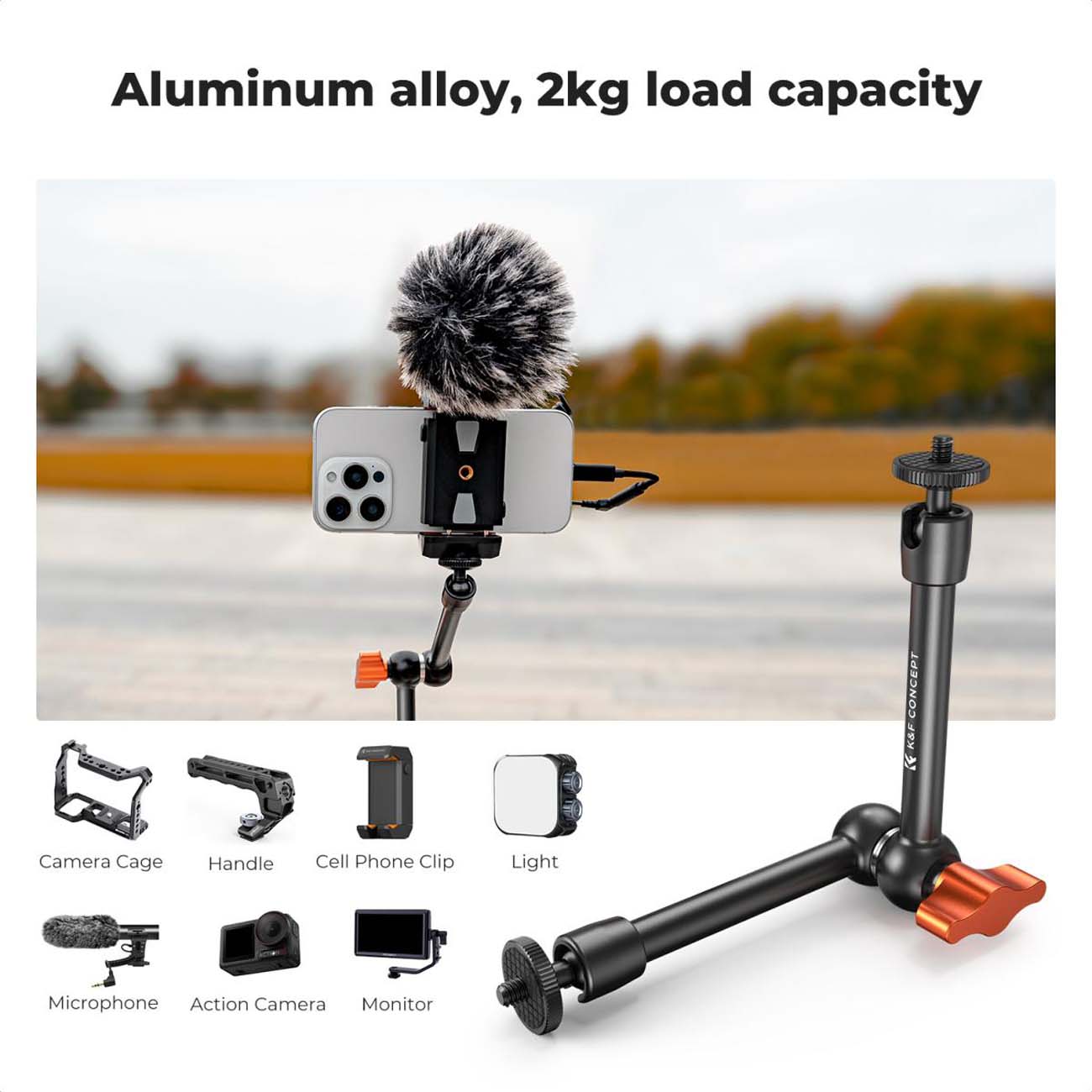 نمای کاربردی بازو و گیره سوپرکلمپ K&F Concept 9.8inch Magic Arm Clamp Kit with 1/4inch & 3/8inch Thr