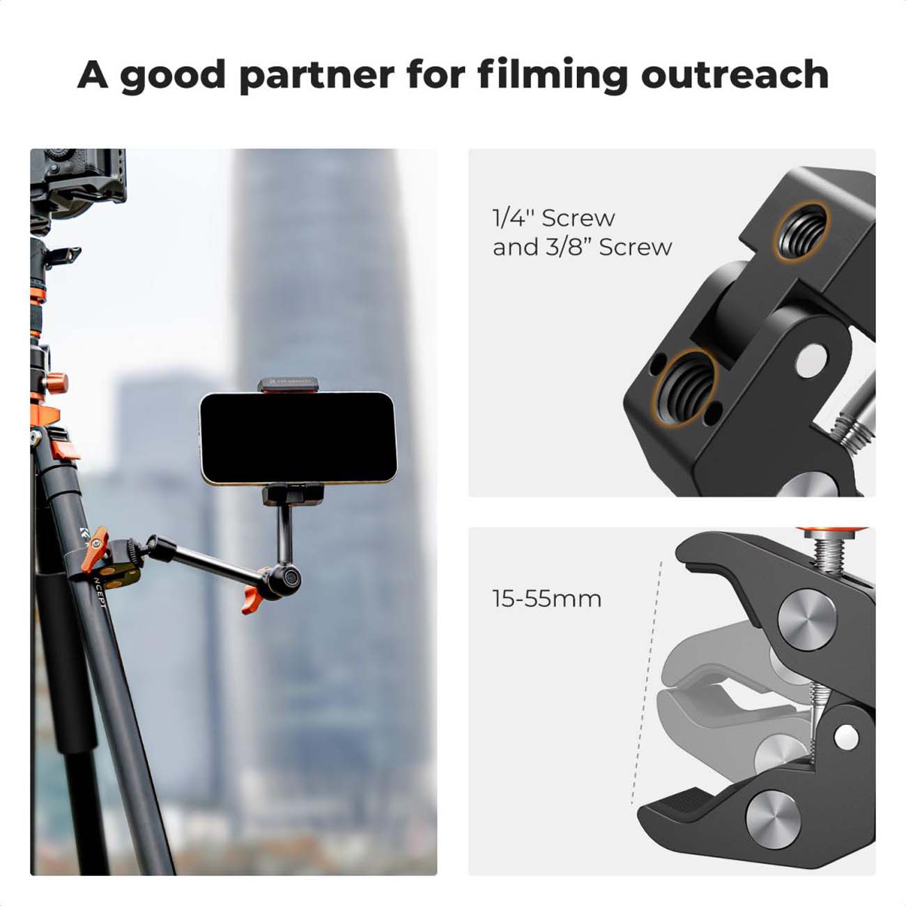 نمای کاربردی از بازو و گیره سوپرکلمپ K&F Concept 9.8inch Magic Arm Clamp Kit with 1/4inch & 3/8inch 