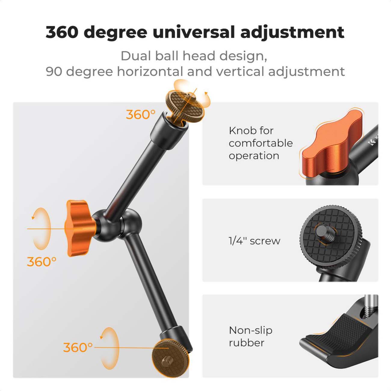 نمای توضیحات بازوی جادویی و گیره سوپرکلمپ K&F Concept 9.8inch Magic Arm Clamp Kit with 1/4inch & 3/8