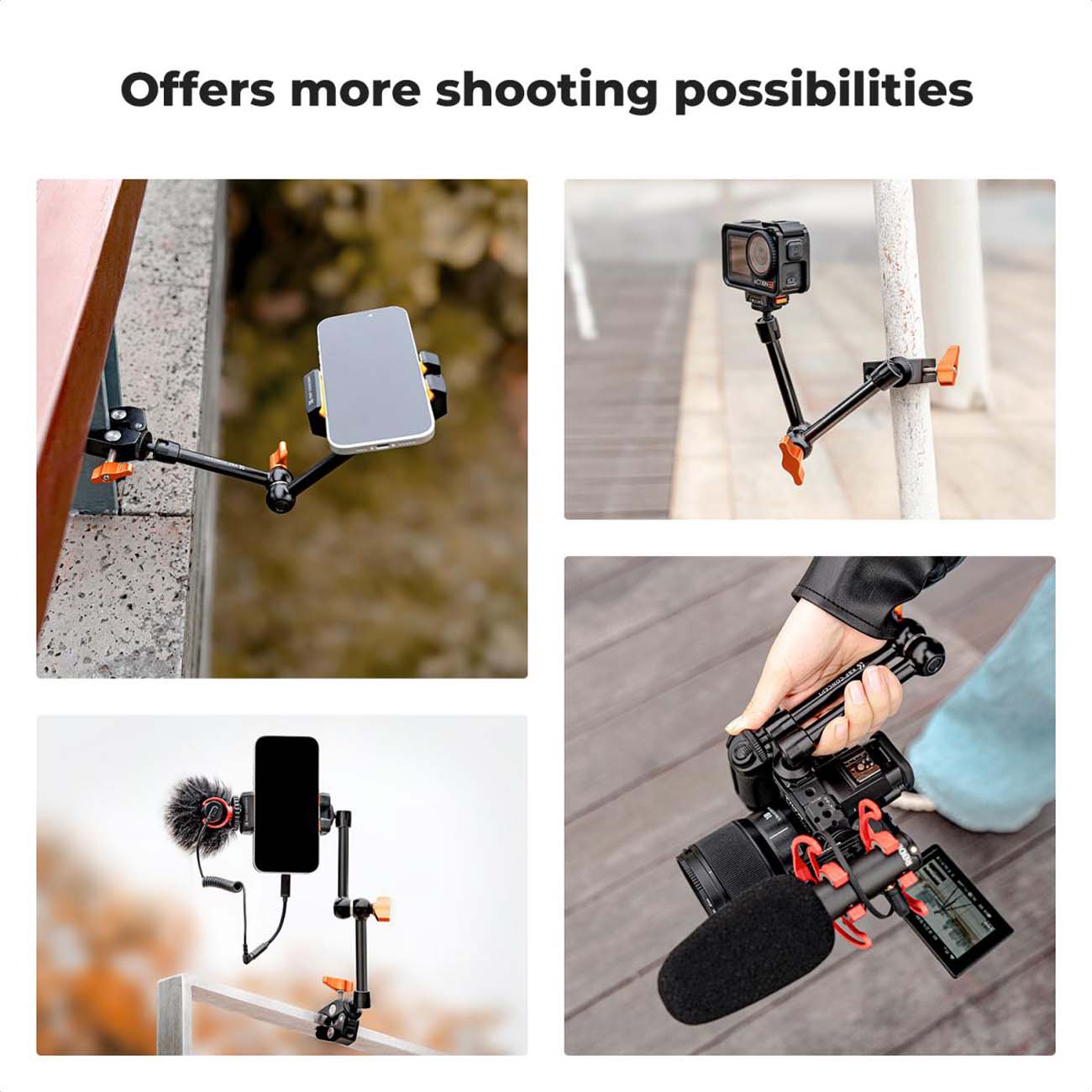نمای کاربردی بازوی مجیک آرم و گیره سوپرکلمپ K&F Concept 9.8inch Magic Arm Clamp Kit with 1/4inch & 3