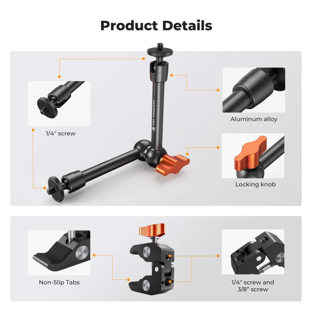 نمای توضیحات بازو و گیره سوپرکلمپ K&F Concept 9.8inch Magic Arm Clamp Kit with 1/4inch & 3/8inch Thr
