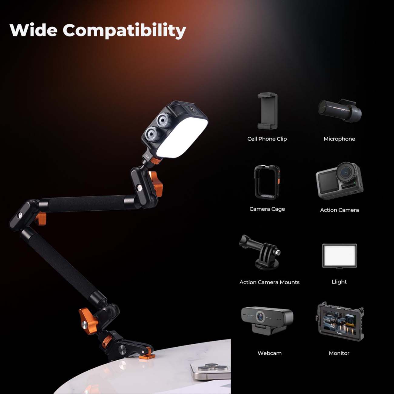 نمای کاربردی کیت گیره میز و بازوی دوربین K&F Concept 22-Inch Magic Arm Clamp Kit for Phone & Camera