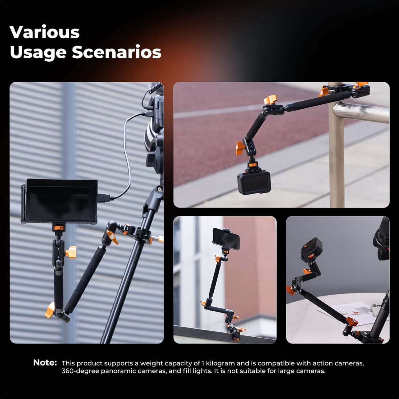 نمای کاربردی کیت گیره میز و بازوی جادویی K&F Concept 22-Inch Magic Arm Clamp Kit for Phone & Camera
