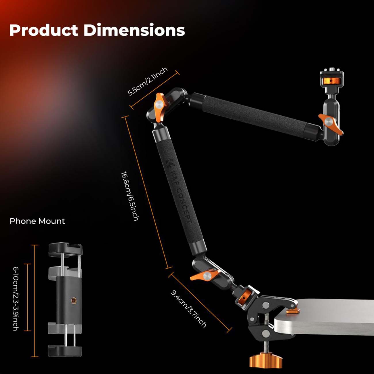 نمای کاربردی کیت گیره میز و بازوی جادویی دوربین K&F Concept 22-Inch Magic Arm Clamp Kit for Phone & 