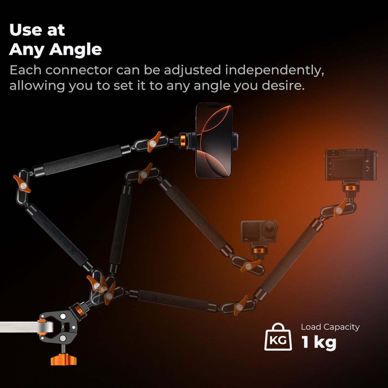 نمای کاربردی کیت گیره و بازوی دوربین K&F Concept 22-Inch Magic Arm Clamp Kit for Phone & Camera
