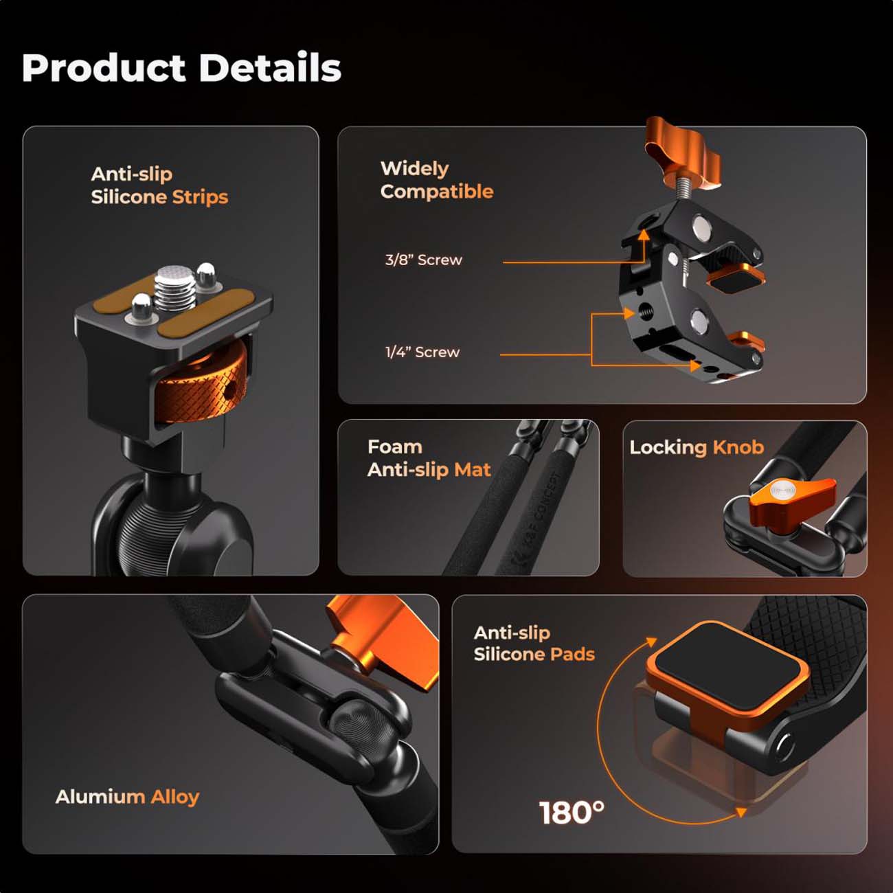 نمای توضیحات کیت گیره میز و بازوی دوربین K&F Concept 22-Inch Magic Arm Clamp Kit for Phone & Camera