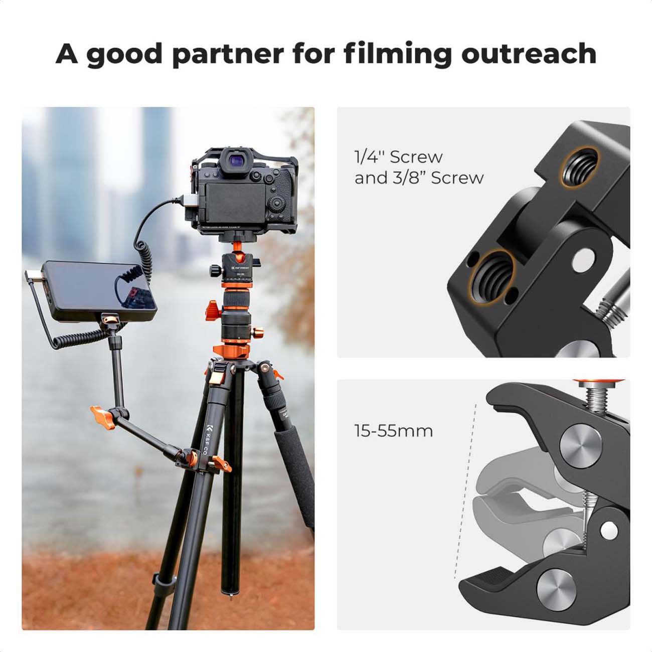 نمای کاربردی از کیت بازوی جادویی و سوپر کلمپ K&F Concept 11-Inch Magic Arm with Super Clamp & ARRI M