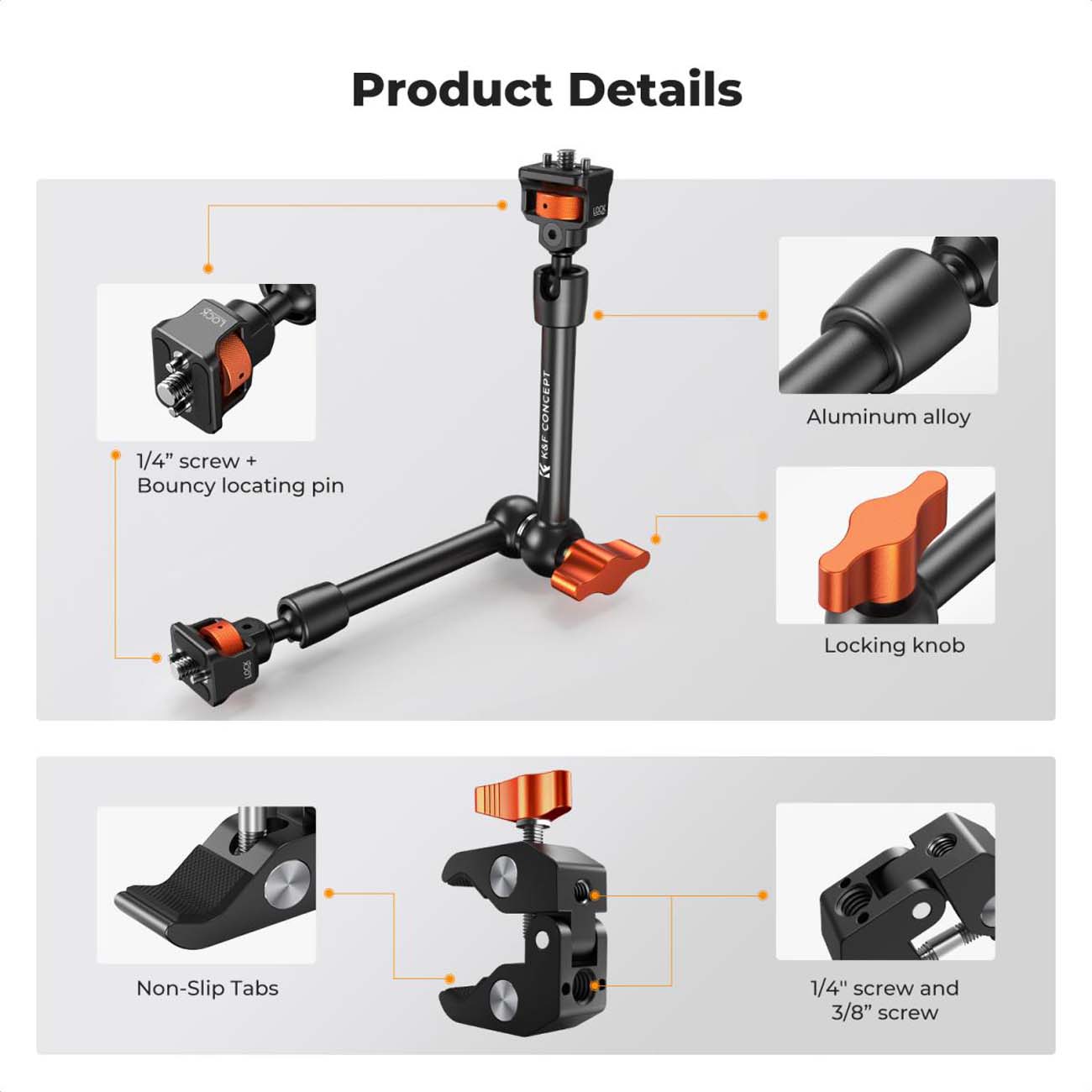 نمای توضیحات کیت بازوی جادویی و سوپر کلمپ K&F Concept 11-Inch Magic Arm with Super Clamp & ARRI Moun