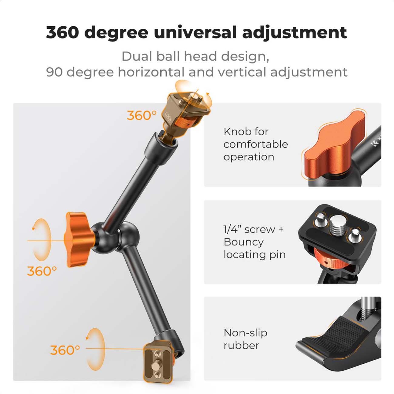 نمای توضیحات کیت بازوی نگهدارنده و سوپر کلمپ K&F Concept 11-Inch Magic Arm with Super Clamp & ARRI M