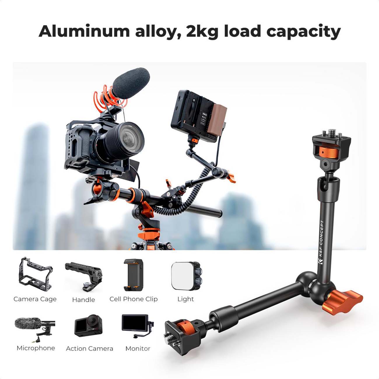 نمای کاربردی کیت بازوی جادویی و سوپر کلمپ K&F Concept 11-Inch Magic Arm with Super Clamp & ARRI Moun