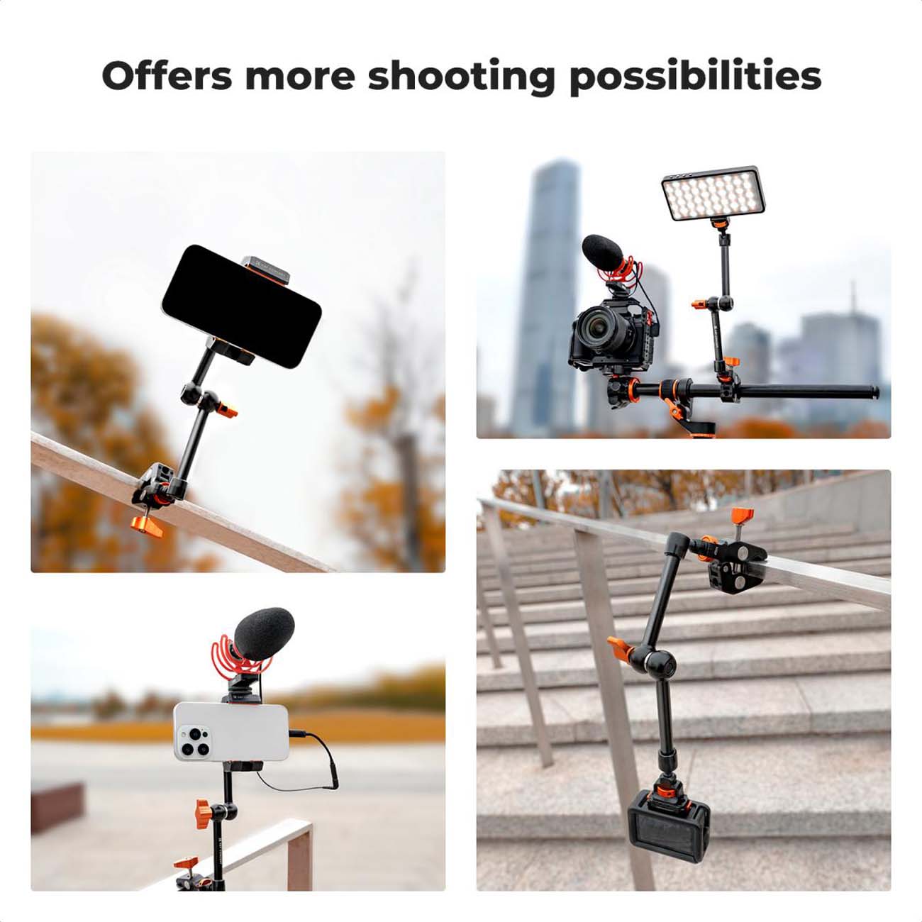 نمای کاربردی کیت بازوی نگه دارنده و سوپر کلمپ K&F Concept 11-Inch Magic Arm with Super Clamp & ARRI 