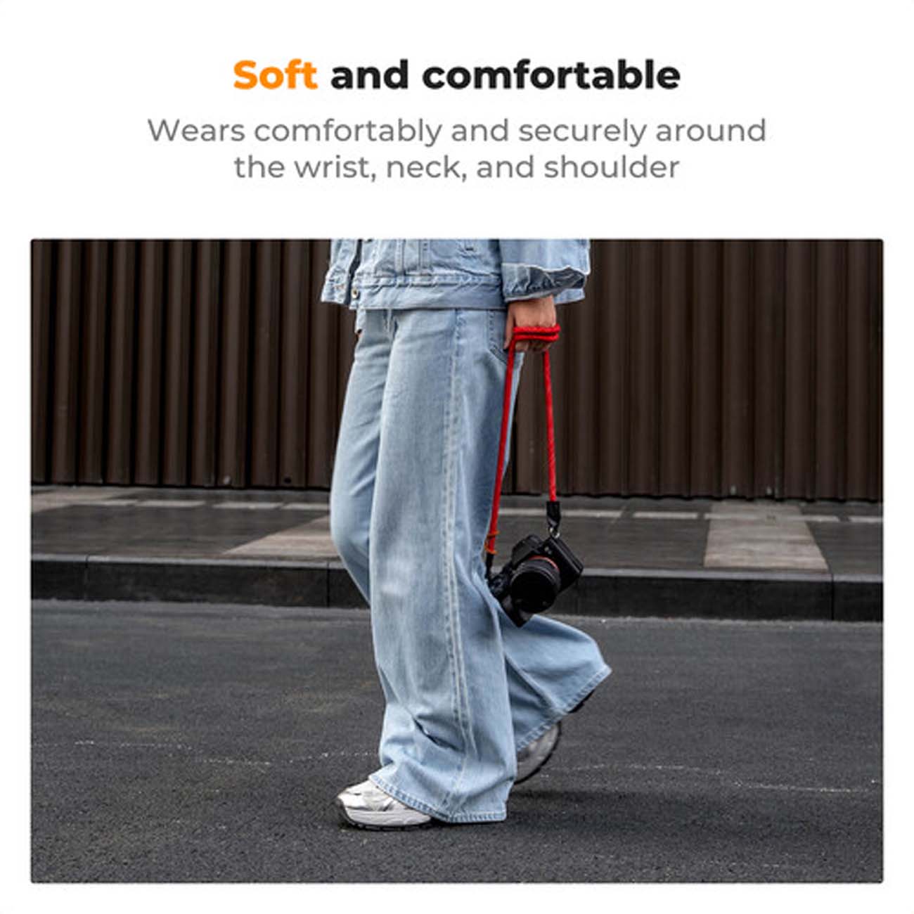 نمای کاربردی از بند دوربین عکاسی قرمز K&F Concept Urban Wander Camera Strap
