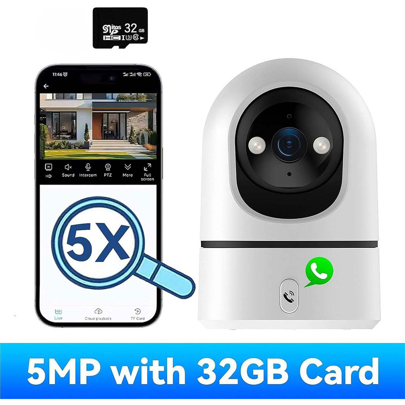 نمای روبه رو از دوربین بیبی کم تک لنز 5MP One-Touch Call Indoor Baby Monitor WiFi PTZ Camera