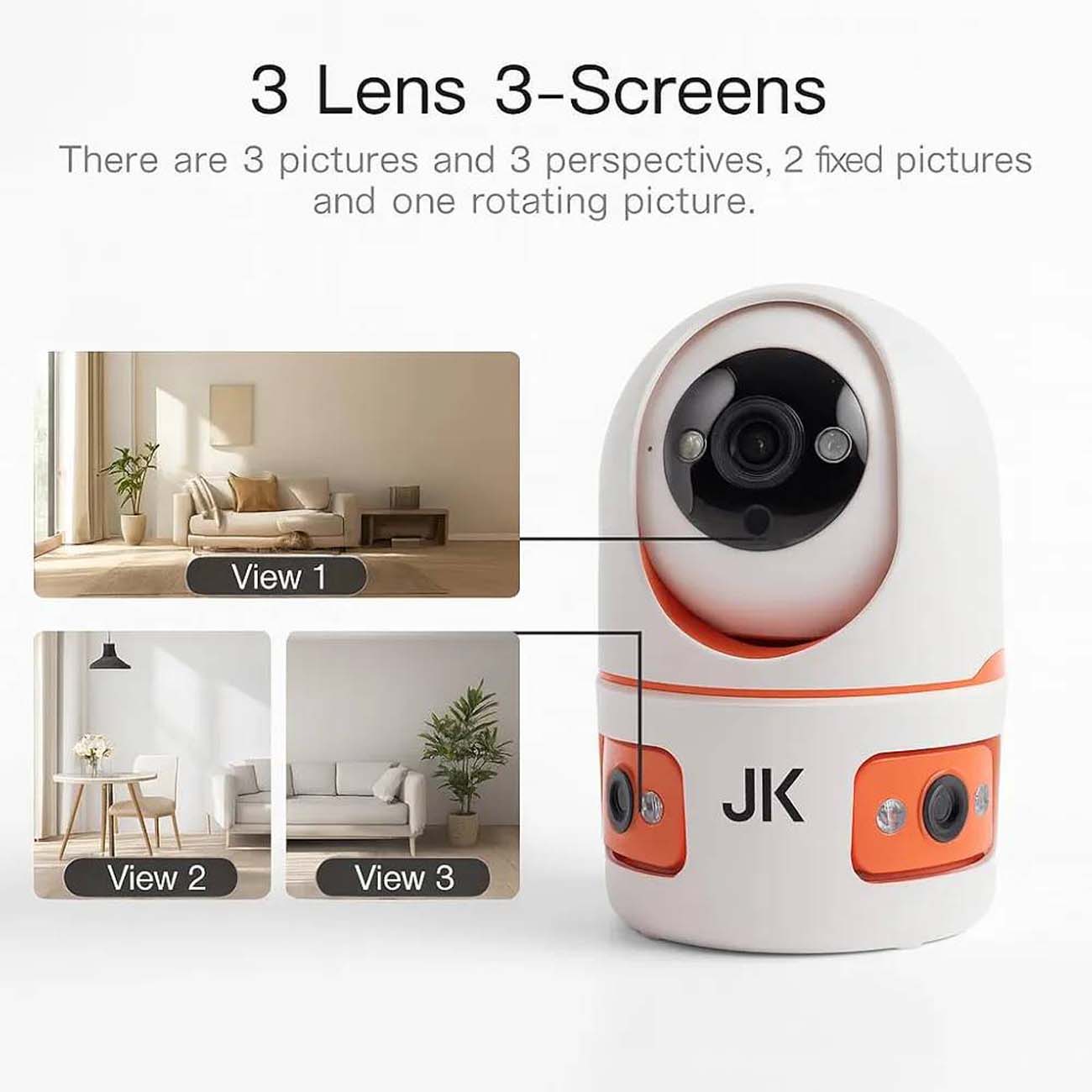 نمای توضیحات دوربین بیبی کم سه لنز JK Vision V380 3-Lens Camera Smart WiFi 1080P Full HD Indoor Secu