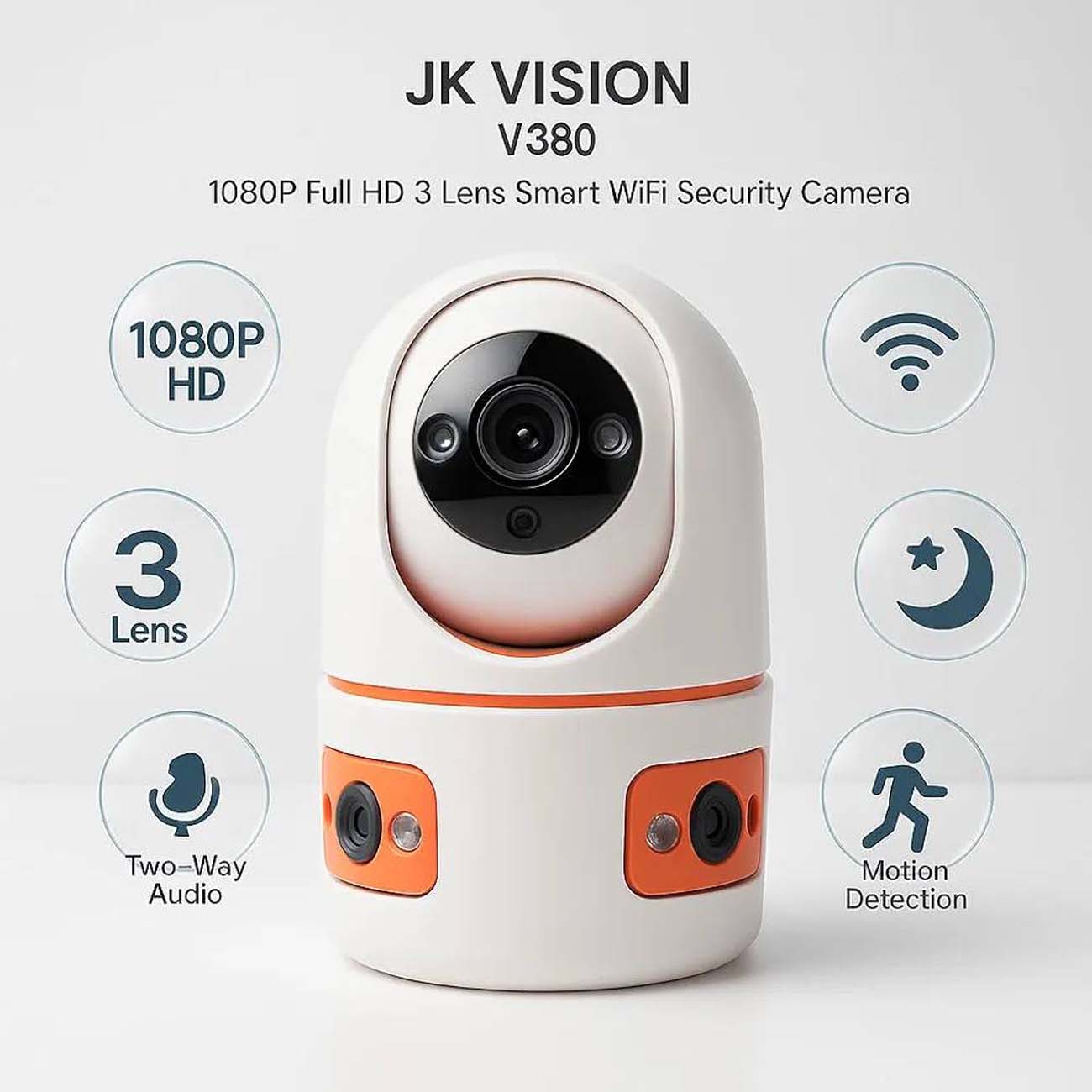 نمای توضیحات دوربین مداربسته سه لنز JK Vision V380 3-Lens Camera Smart WiFi 1080P Full HD Indoor Sec