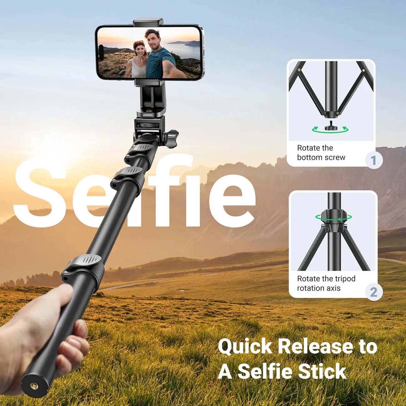 نمای کاربردی از مونوپاد و سه پایه موبایل یوگرین UGREEN LP680 15609 Selfie Stick with Stand and Bluet