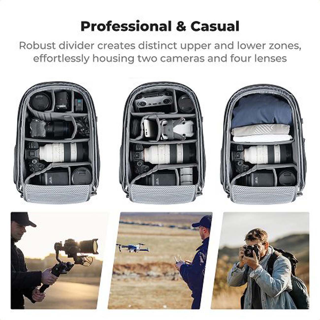 نمای داخلی کوله پشتی دوربین کی اند اف K&F Concept KF13.211 Camera Backpack