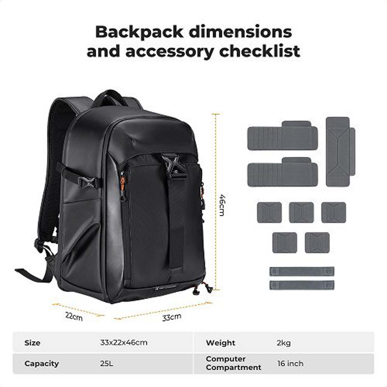 نمای ابعاد کوله پشتی دوربین کی اند اف K&F Concept KF13.211 Camera Backpack