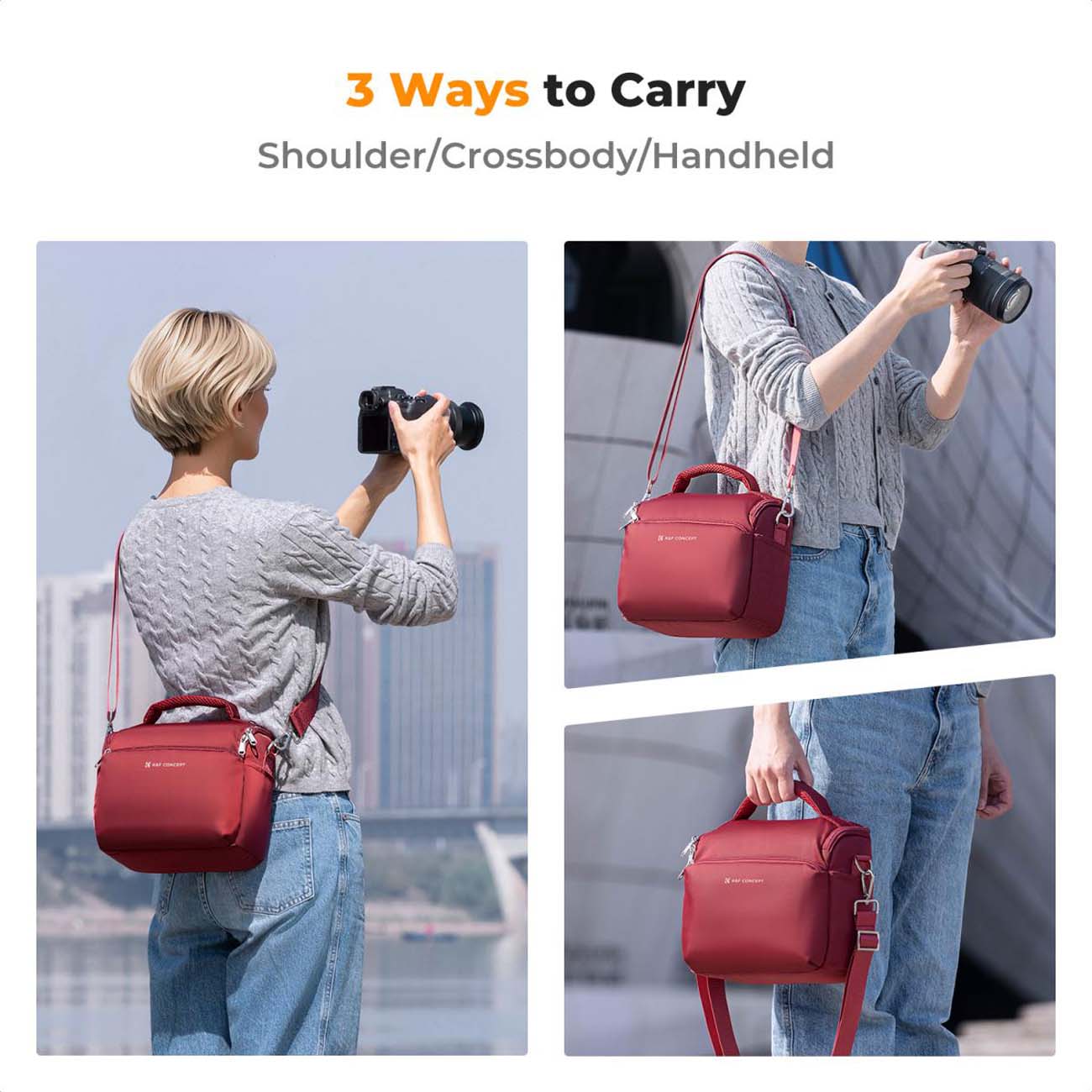 نمای کاربردی از کیف دوربین کی اند اف قرمز K&F Concept KF13.179V9 Urban Wander05 5L Camera Sling Bag