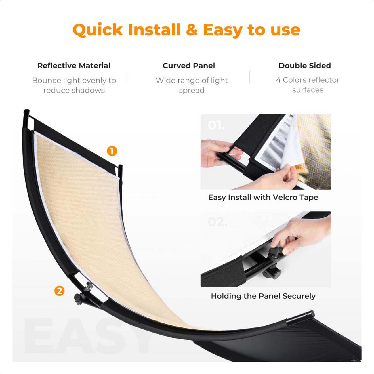 نمای کاربردی از رفلکتور منحنی کی اند اف K&F Concept U-Shape Curved Light Reflector 4-in-1 Kit with 1