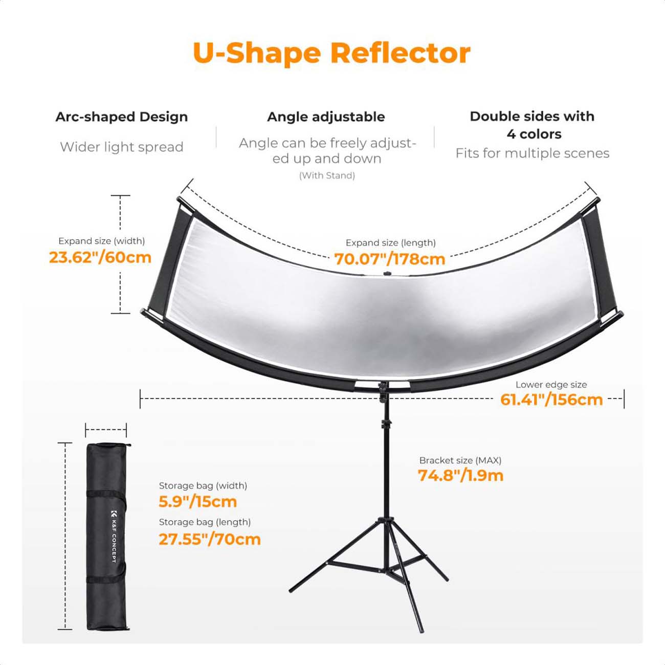 نمای توضیحات رفلکتور منحنی کی اند اف K&F Concept U-Shape Curved Light Reflector 4-in-1 Kit with 1.5m