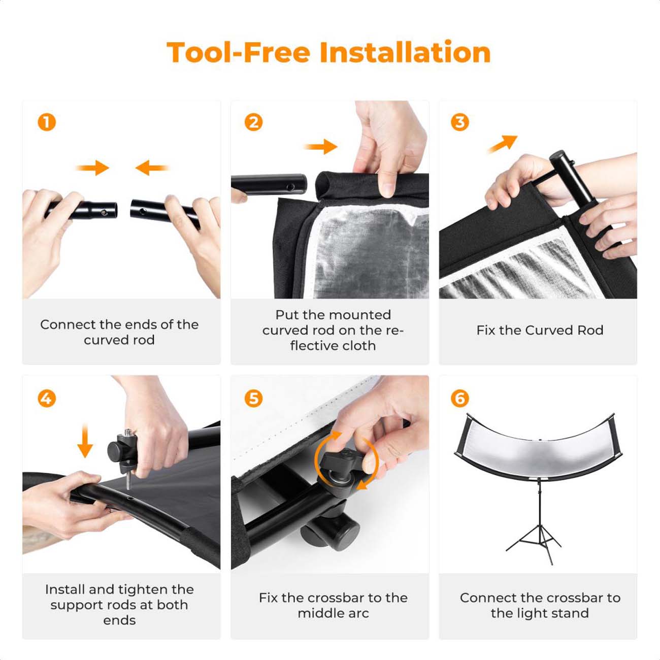 نمای کاربردی رفلکتور خمیده کی اند اف K&F Concept U-Shape Curved Light Reflector 4-in-1 Kit with 1.5m