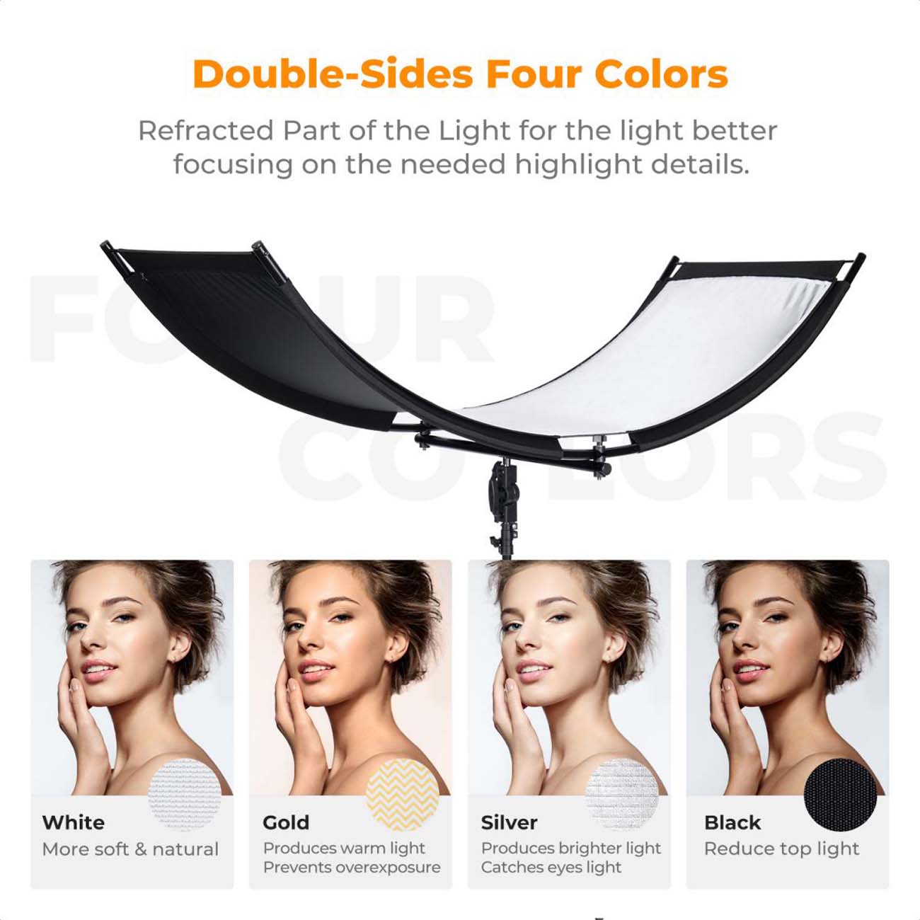 نمای رنگبندی رفلکتور منحنی کی اند اف K&F Concept U-Shape Curved Light Reflector 4-in-1 Kit with 1.5m