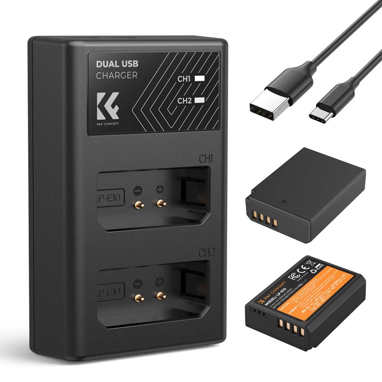 کیت باتری و شارژر کی اند اف K&F Concept KF28.0028 2-Pack LP-E10 Dual USB Charger Set for Canon EOS Cameras