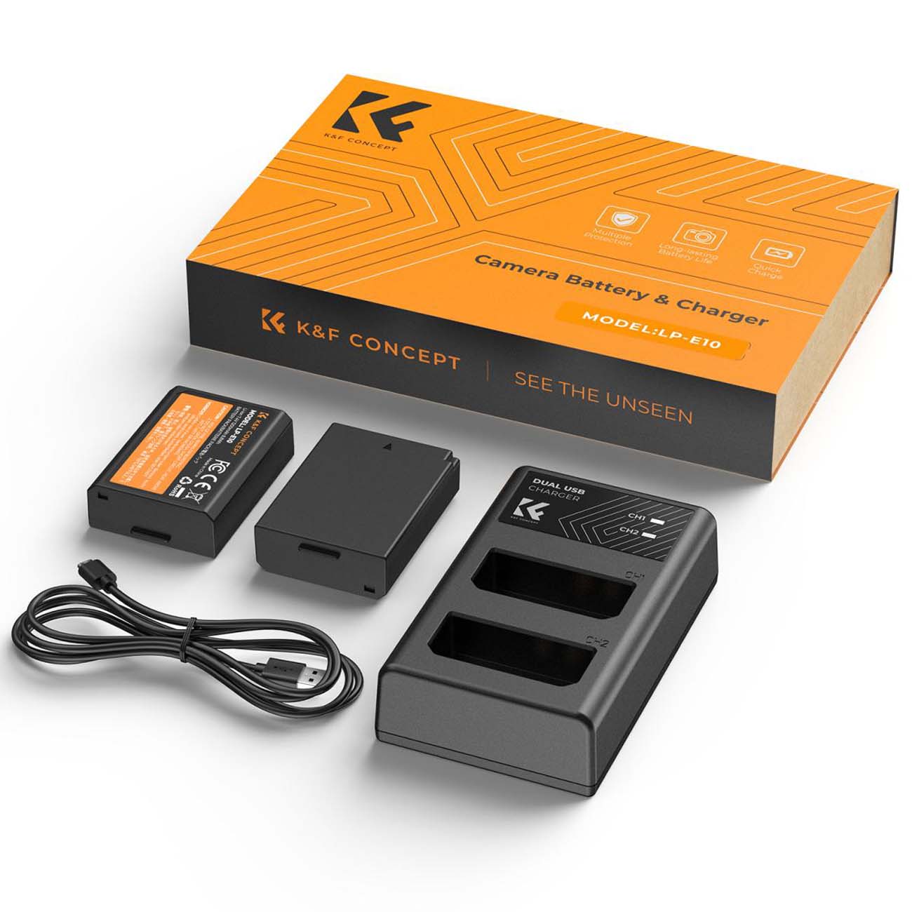 نمای اقلام کیت باتری و شارژر کی اند اف K&F Concept KF28.0028 2-Pack LP-E10 Dual USB Charger Set for 