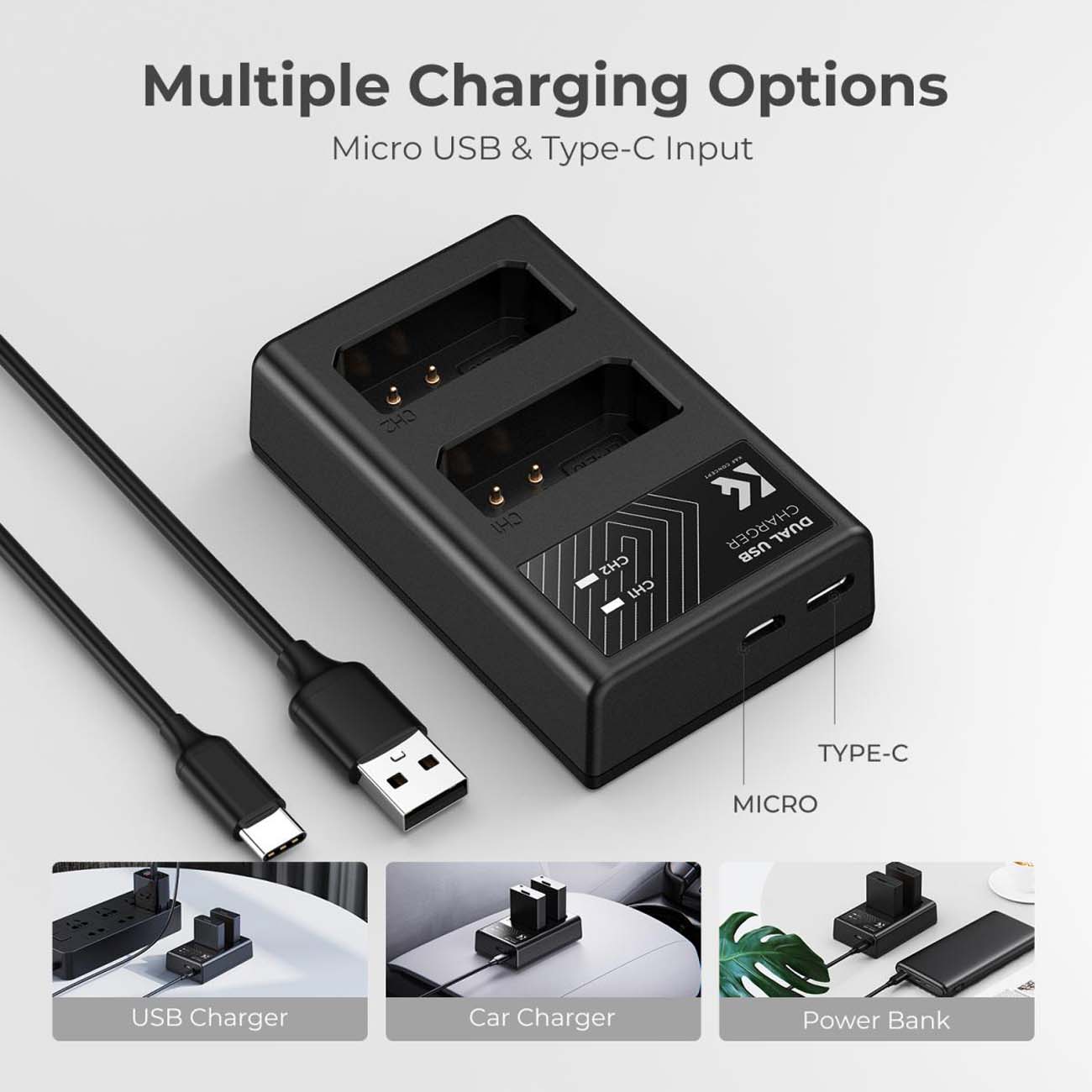 نمای جزییات کیت باتری و شارژر کی اند اف K&F Concept KF28.0028 2-Pack LP-E10 Dual USB Charger Set for